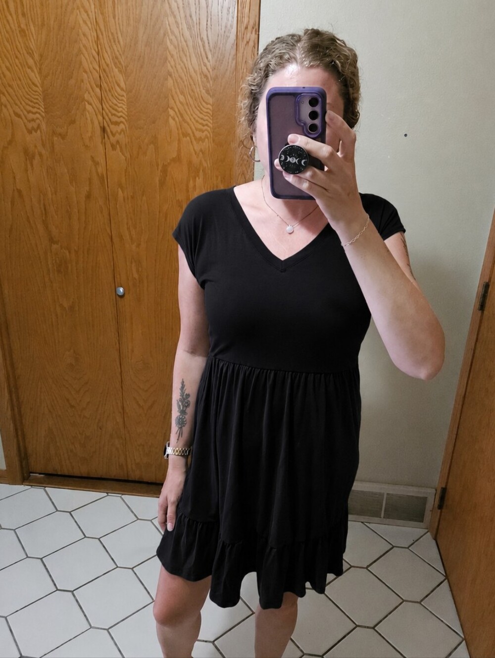 Black V-Neck Short Sleeve Tiered Dress